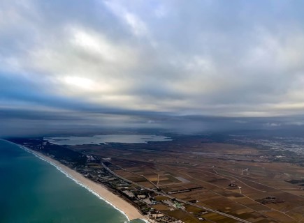 Coastline and lagoon, aerial view, Albufera Natural Park, Valencia, Spain
