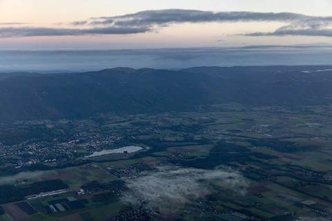 Jura Mountains, in front Lac de Divonne and Divonne-les-Bains, aerial view, Vaud, Switzerland