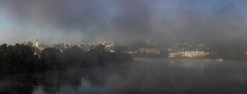 Morning fog over the Rhine, Laufenburg (D) and Laufenburg (CH), Switzerland