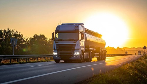 Petrol cargo truck lorry tanker driving on highway hauling oil products at sunrise, wide hilly