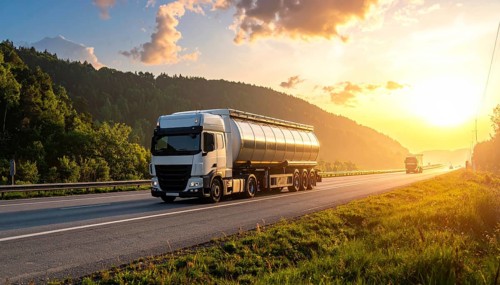 Petrol cargo truck lorry tanker driving on highway hauling oil products at sunrise, wide hilly