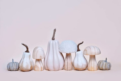 Decorative pumpkin, mushroom and acorn ornaments on beige background. Boho autumn composition