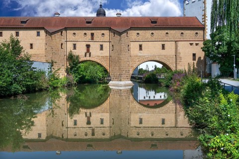 The so-called city glasses, late medieval water gate building over the Vils, Amberg, Upper