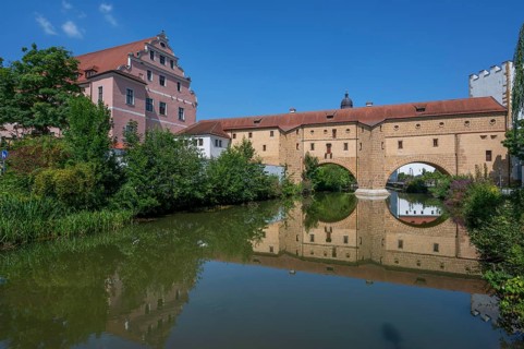 On the left, the Electoral Palace, with so-called city glasses, late medieval water gate building