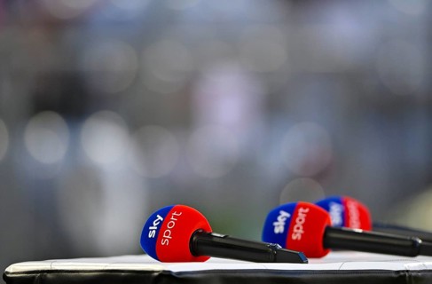 Detailed view, SKY logo microphones lying on presentation table, German Classico, FC Bayern Munich