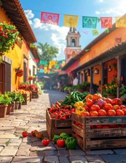 Traditional Mexican plaza with crates of peppers, onions, and tomatoes, economic prosperity in