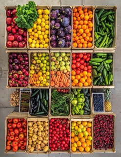 Fresh fruits and vegetables in a market display, aerial view perpendicular top down, healthy eating