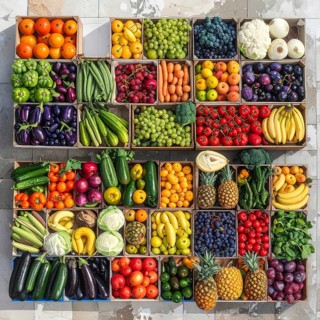 Fresh fruits and vegetables in a market display, aerial view perpendicular top down, healthy eating