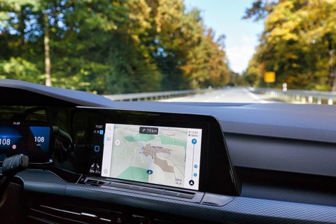 Interior of a Volkswagen, VW Golf 8, digital cockpit, central infotainment system with active
