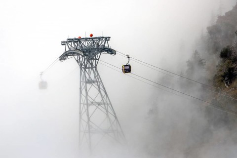 Pillars and cabins of the Nebelhorn Railway in the fog, Oberstdorf, Oberallgäu, Allgäu, Bavaria,
