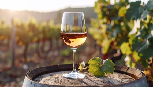 A glass of 10-year-old tawny wine placed on a barrel in a vineyard restaurant, vineyard landscape