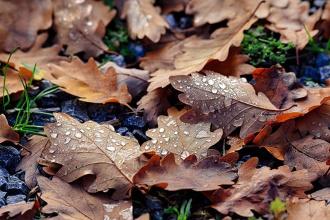 Autumnal oak leaves (Quercus) on a soil of gravel and small plants, covered with drops of water,