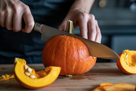 Hokkaido pumpkin being cut in the kitchen. Hand slicing fresh pumpkin for cooking. Generative ai,