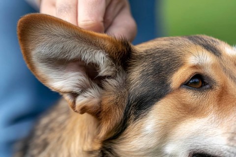 Lose up of a Corgi dog's ear. Detail of pet anatomy and canine features. Generative ai, AI