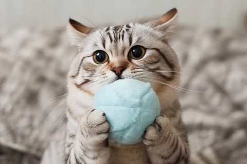 Cute cream tabby cat with big eyes holding a blue plush toy ball. Playful cat. Generative ai, AI