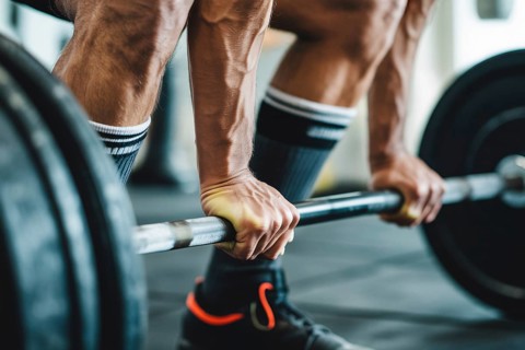 Man reaching for dumbbells on the floor. Strength training and fitness motivation. Generative AI,