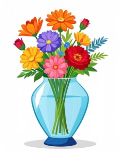 Crystal glass vase with vibrant blooming flowers, vibrant vector drawing illustration for fresh