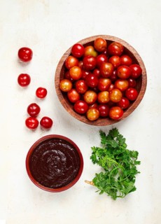 Tkemali sauce, from red cherry plum, Georgian tkemali sauce, top view, no people