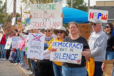 Detroit, Michigan USA - 18 October 2025 - Protesters from Detroit and Grosse Pointe gathered on the