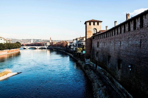 Adige River and Castelvecchio viewed from Castelvecchio Bridge. Verona, Province of Verona, Italy.