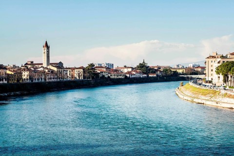 Adige River viewed from Castelvecchio Bridge (Ponte di Castelvecchio). Verona, Province of Verona,