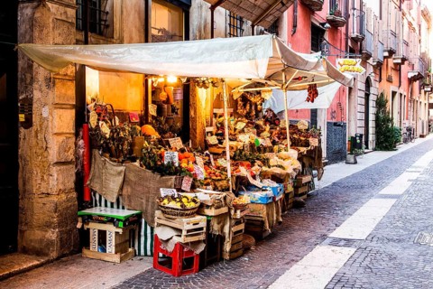 Small fruit market in historic center. Verona, Province of Verona, Italy. 10.12.2012