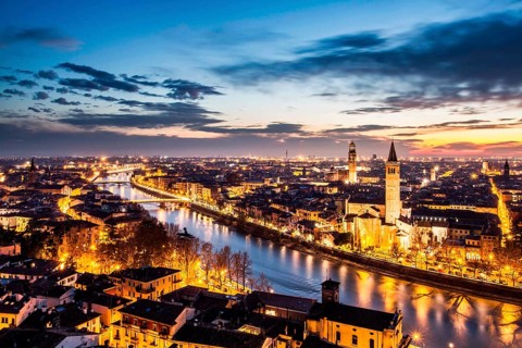 View of the city at evening from Castel San Pietro. Verona, Province of Verona, Italy. 10.12.2012