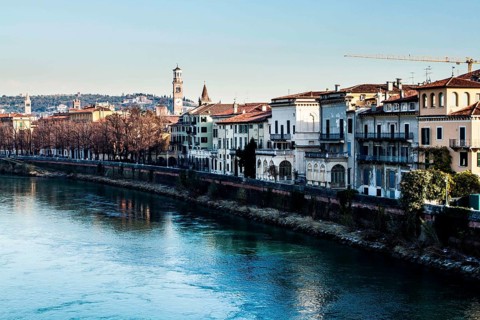 Adige River viewed from Castelvecchio Bridge. Verona, Province of Verona, Italy. 10.12.2012