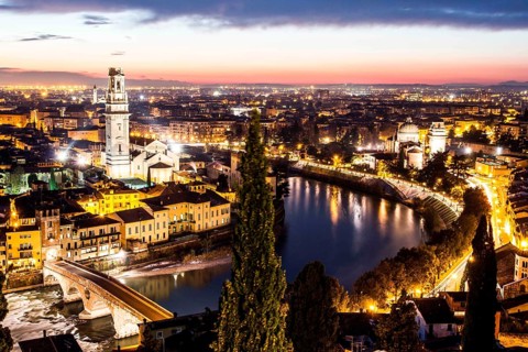 Verona Cathedral on the left, San Giorgio in Braida Church on the right, Ponte Pietra and view of