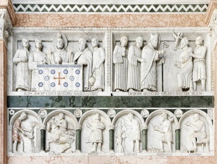 Scene from the life of St. Martin above, month depictions, June, May, April, March, February, January, below, sculptor Guidetto and collaborators, Romanesque, main façade, cathedral, Cattedrale di San...