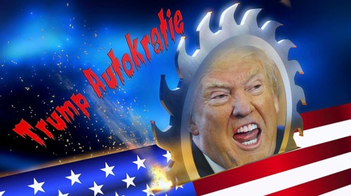 Symbolic image, Trump is sawing up the USA, democracy versus autocracy, Donald Trump sees himself