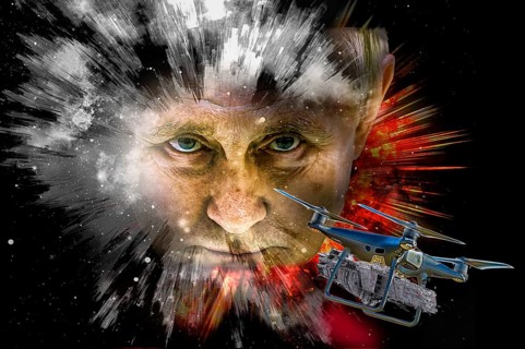 Symbolic image, Putin and Ukraine war, Russian drones over Ukraine and EU, sabotage by Russia,