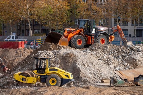 Construction site, dismantling, demolition of a large building, the former high-rise building of