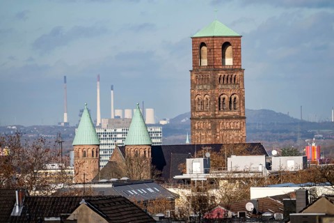 View over the northern Ruhr area, from Essen to Gelsenkirchen, Church of the Redeemer in Essen, in