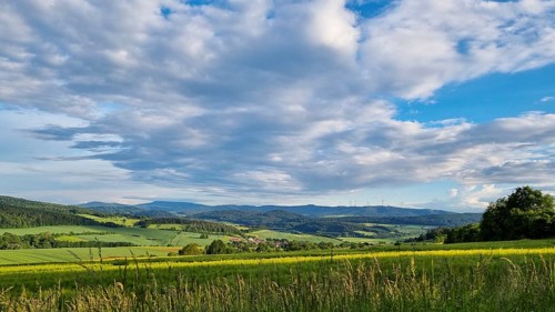 Sunny summer landscape with fields, meadows and forests (smartphone photo), Hübental, Witzenhausen,