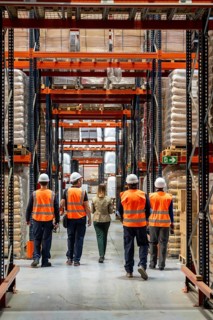 Logistics manager inspecting stock levels and operations with a team of warehouse workers wearing