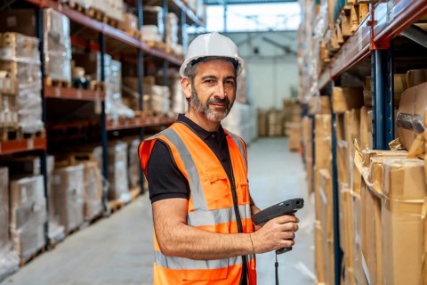 Male warehouse worker wearing a hard hat and safety vest, holding a barcode scanner in a modern