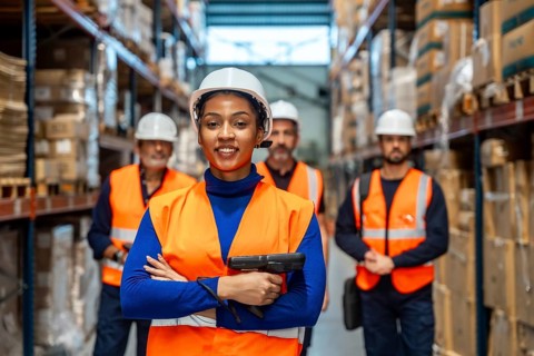 Confident woman worker wearing a safety helmet and high visibility vest and holding a scanner,