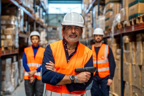 Experienced male manager holding a scanner with a team of diverse workers standing in rows of