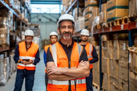 Warehouse manager with a safety helmet and high visibility vest standing with crossed arms, smiling