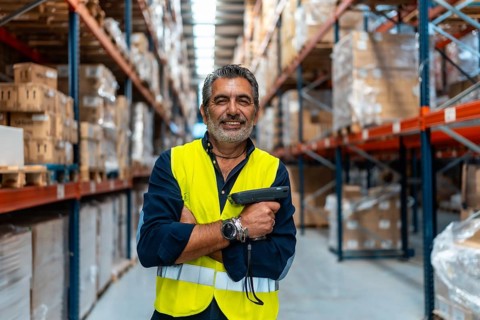 Warehouse manager or employee standing confidently with folded arms, holding a barcode scanner