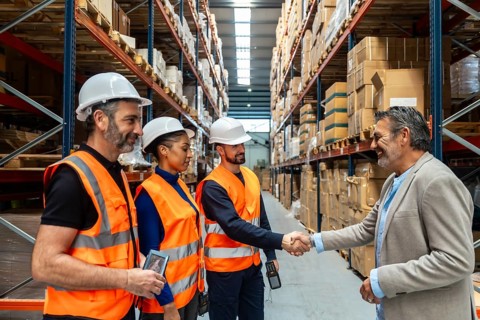 Logistics manager smiling and shaking hands with a warehouse worker in safety gear, celebrating a
