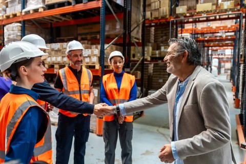 Warehouse manager in a suit shaking hands with a female logistics worker wearing a hard hat and