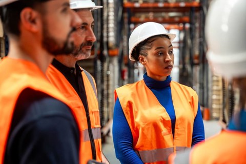 Industry professionals wearing safety vests and hard hats discussing work plans and operations in a