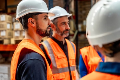 Warehouse workers wearing reflective vests and hard hats actively listening during a team meeting,