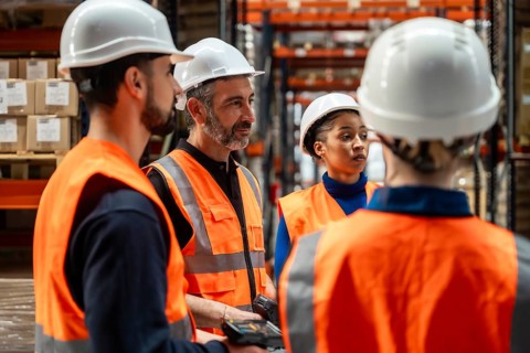 Diverse group of logistics professionals wearing safety vests and hard hats, collaborating and
