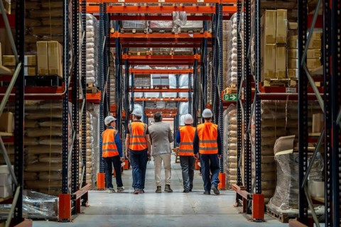 Group of diverse warehouse workers in safety vests and a manager inspecting inventory and racks,
