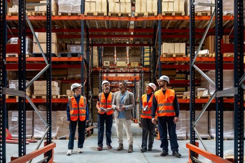 Diverse team of logistics workers and a manager discussing operations and inventory control inside