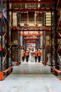 Workers in hard hats and reflective vests walk down a high rack warehouse aisle filled with stacked