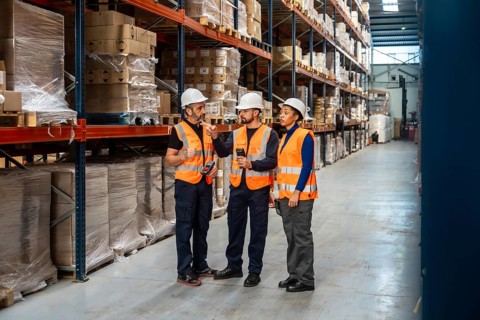 Diverse team of logistics professionals wearing safety gear and hard hats discussing inventory